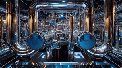 Poster - A close-up of shiny stainless metal pipes, blue pumps, and valves in an industrial boiler room, part of a complex water treatment facility.