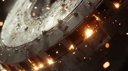 Poster - A close-up of the grinding process on a cylindrical metal part, with sparks flying in all directions as the abrasive wheel completes the task.