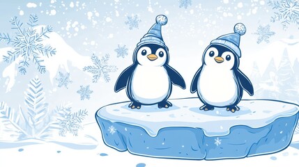 Poster - Fun penguins wearing blue hats enjoy a snowy winter day on an icy platform. Generative AI