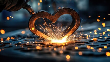 Poster - A close-up shot of a welder using an arc welder in a factory, sparks flying and a focus on the welding process in heavy industry.