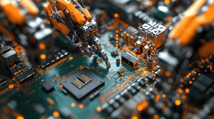 Aufkleber - A close-up view of an automated PCB assembly line, with robotic arms installing components and performing quality control on circuit boards in electronics manufacturing.