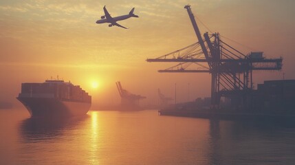Aufkleber - A container cargo ship and a cargo plane at sunrise, with cranes unloading containers at a shipyard, highlighting logistics and transportation industries.