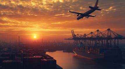 Aufkleber - A container ship and cargo plane in a logistics yard at sunrise, with cranes handling containers, emphasizing the global transportation network.