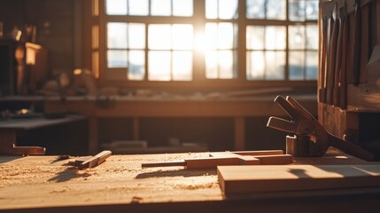 Poster - A serene woodworking session in a sunlit workshop, Tools and timber arranged for crafting, Woodcraft style