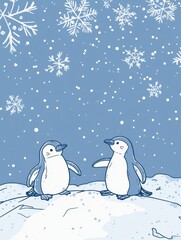 Poster - Winter themed doodle featuring playful penguins amid falling snowflakes in a serene snowy landscape. Generative AI