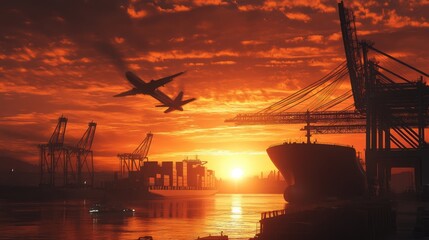 Aufkleber - A dramatic sunrise view of a cargo ship and cargo plane at a logistics hub, with cranes unloading containers for transport and export industries.