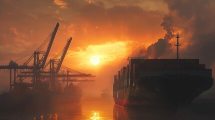 Aufkleber - A dramatic sunrise view of a cargo ship and cargo plane at a logistics hub, with cranes unloading containers for transport and export industries.