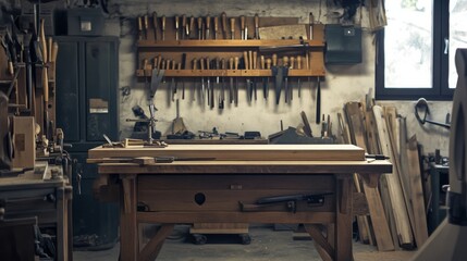 Leinwandbilder - A serene woodworking workshop with tools and wood pieces neatly arranged, Woodworker crafting a masterpiece at a workbench, Artistic craftsmanship photography style