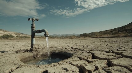 Aufkleber - A faucet in a drought-stricken area with no water running, signifying the devastating effects of water scarcity and global environmental issues.