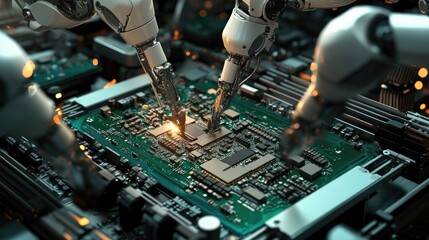 Aufkleber - A fully automated PCB assembly line with robotic arms installing components on circuit boards, with a focus on quality control in electronics manufacturing.