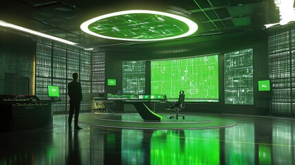 Aufkleber - A futuristic virtual news studio with a green screen background, designed for professional broadcasts and 3D digital content creation.