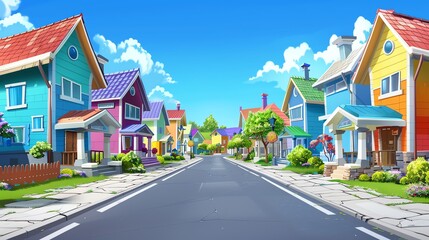 Wall Mural - A cartoon illustration of a street with colorful houses.