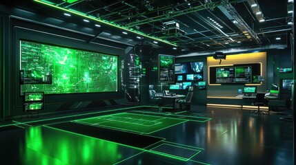 Aufkleber - A high-tech TV studio set with a green screen background, designed for virtual news programs and 3D rendering purposes.