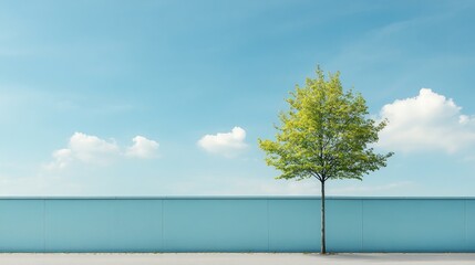 Poster - A lone green tree with clean lines and vibrant leaves against a blue wall under a cloud-filled sky, perfect for minimalist and nature photography.