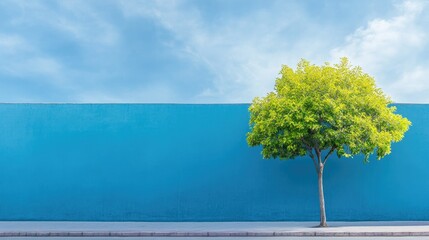 Poster - A lone green tree with clean lines and vibrant leaves against a blue wall under a cloud-filled sky, perfect for minimalist and nature photography.