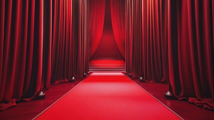Poster - A luxurious red carpet leading to a red stage with red curtains, creating an elegant and glamorous atmosphere for awards or events.