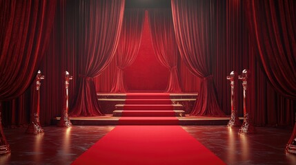 Poster - A luxurious red carpet leading to a red stage with red curtains, creating an elegant and glamorous atmosphere for awards or events.