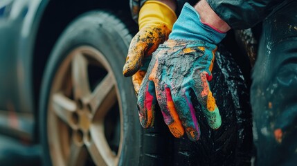 Aufkleber - A mechanic with colorful gloves fixing a car tire while celebrating the 2025 New Year, symbolizing hard work and hope for the future.