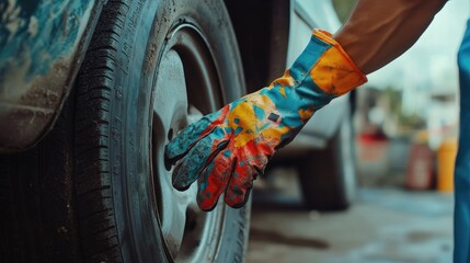 Aufkleber - A mechanic with colorful gloves fixing a car tire while celebrating the 2025 New Year, symbolizing hard work and hope for the future.