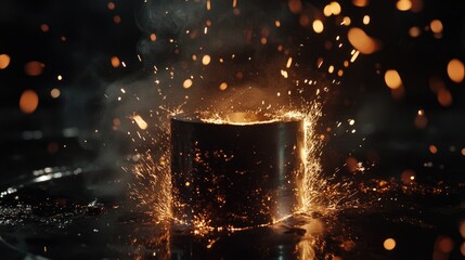 Poster - A metal cylindrical part being internally ground with an abrasive wheel, with sparks flying in all directions, capturing the precision of machining.