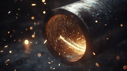 Poster - A metal cylindrical part being internally ground with an abrasive wheel, with sparks flying in all directions, capturing the precision of machining.