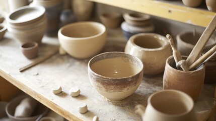 Poster - A serene workshop with tools for creating handmade ceramic pottery, including wheels, kilns