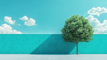 Poster - A minimalist scene featuring a single green tree against a bright blue wall, with a clear blue sky and fluffy clouds, evoking peace and serenity.