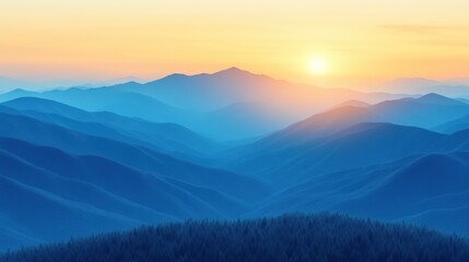 majestic sunset over blue mountain range.