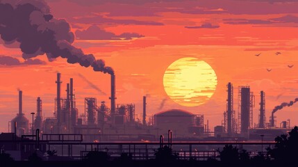 Poster - A refinery plant against a sunset sky, showcasing the energy sector with oil and gas tanks, smokestacks, and industrial infrastructure.