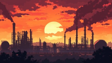 Poster - A refinery plant against a sunset sky, showcasing the energy sector with oil and gas tanks, smokestacks, and industrial infrastructure.