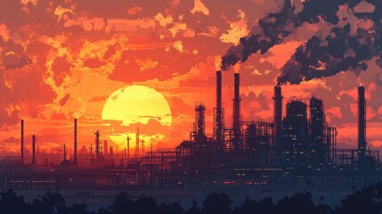 Poster - A refinery plant against a sunset sky, showcasing the energy sector with oil and gas tanks, smokestacks, and industrial infrastructure.