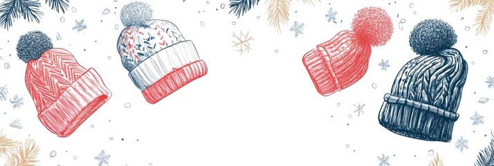 Aufkleber - winter doodle featuring colorful hats surrounded by snowflakes and pine branches in a festive design