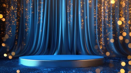 Poster - A sleek blue podium with a blue curtain and golden glittering lights in the background, creating a luxurious and dramatic effect for presentations.