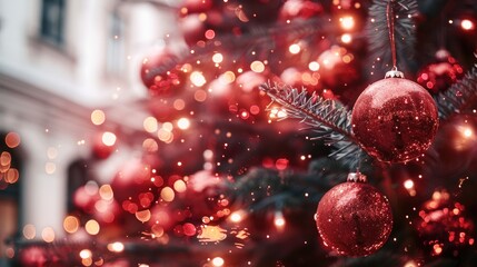 Poster - Close up of red bulbs on a Christmas tree.