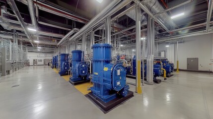 Poster - A spacious industrial boiler room with bright blue pumps and stainless steel piping, showcasing the inner workings of a water treatment facility.