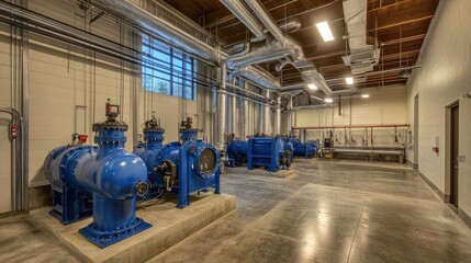 Poster - A spacious industrial boiler room with bright blue pumps and stainless steel piping, showcasing the inner workings of a water treatment facility.