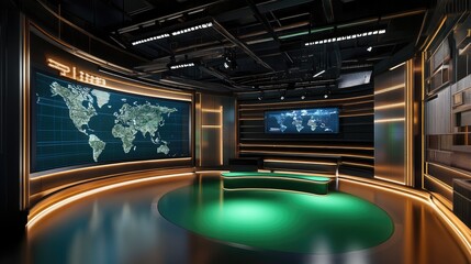 Aufkleber - A spacious virtual TV studio featuring a green screen backdrop and modern 3D elements, ideal for news broadcasting or virtual productions.