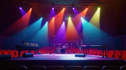 Poster - A stage with colorful spotlights illuminating a truss system and musical instruments, ready for a performance in a concert hall with red seats.