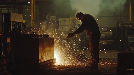 Poster - A steelworker using a gas cutting machine in an industrial workshop, with sparks flying and the cutting process in full swing for construction purposes.