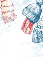 Poster - Cozy winter doodle featuring warm scarves and hats against a snowy backdrop. Generative AI