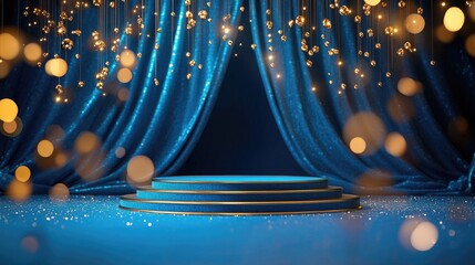 Poster - A vibrant blue podium with golden glittering lights and a soft blue curtain in the background, evoking a sense of luxury and elegance.