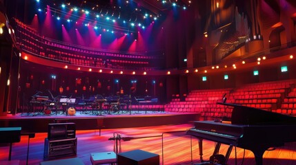 Poster - A vibrant stage setup with colorful lighting effects on a truss system, featuring musical instruments, and empty red seats in a concert hall