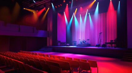 Poster - A vibrant stage setup with colorful lighting effects on a truss system, featuring musical instruments, and empty red seats in a concert hall