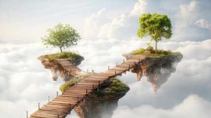 Poster - A wooden bridge connecting two serene floating islands in the clouds, isolated on a white background, symbolizing harmony and exploration.