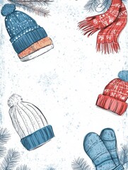 Poster - Winter themed doodle featuring cozy hats, gloves, and scarves surrounded by a snowy background. Generative AI
