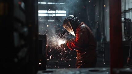 Poster - A worker wearing protective gear, performing welding with an arc welder in an industrial workshop, sparks flying during the metal joining process.