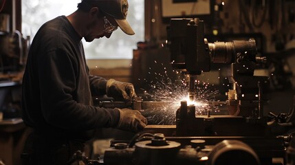 Poster - A worker using a lathe grinder machine on a metal part, with sparks flying as the final touches are made, emphasizing the metalworking process.
