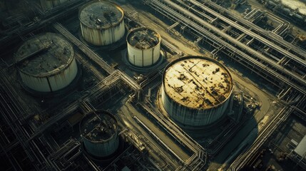 Poster - Aerial view of a large oil and gas storage depot, with industrial facilities, pipelines, and crude oil tanks, showcasing the energy business infrastructure.