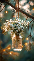 Poster - A mason jar filled with white baby breath flowers is hanging from the branch of an evergreen tree, outside in nature.