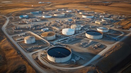 Poster - Aerial view of an oil and gas depot industrial facility, showcasing storage tanks for crude oil and petrochemical products in a busy terminal setting.